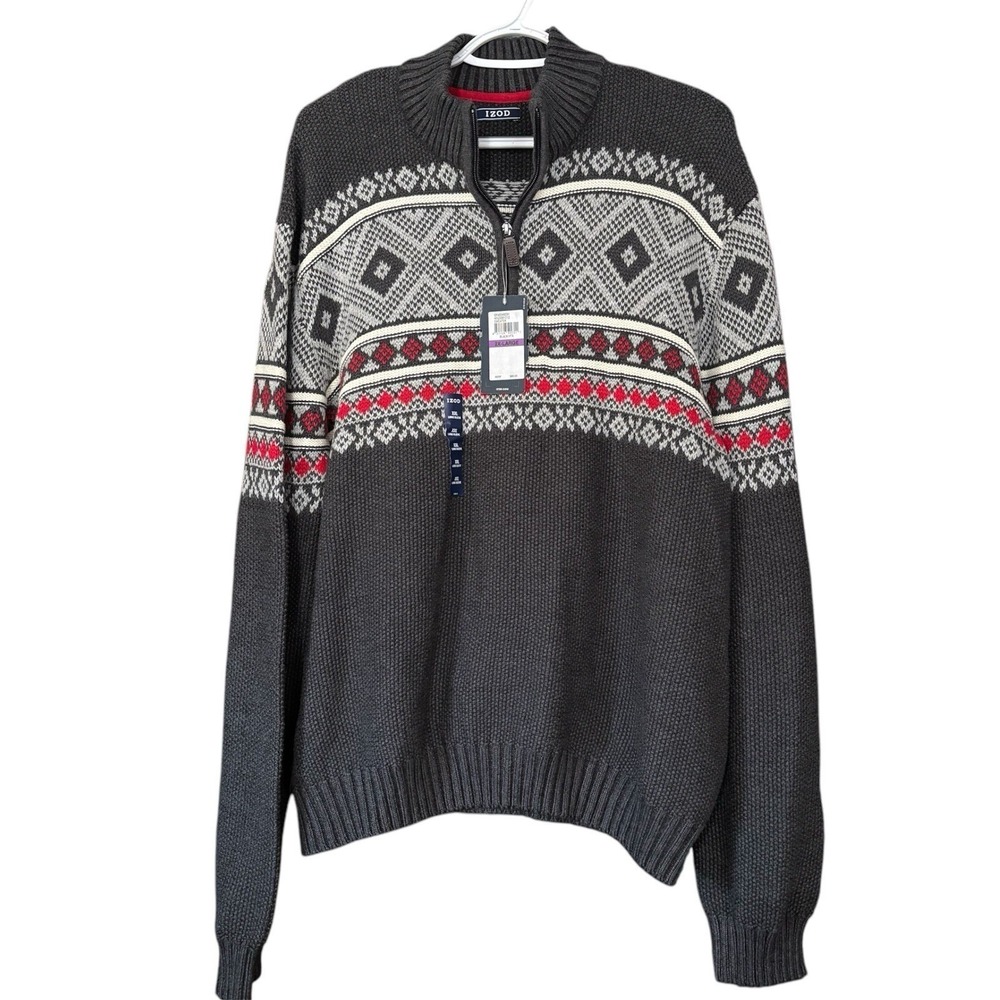 IZOD Men's XXL Faire Isle Sweater 1/4 Zip NEW Holidays Cool Weather Warm Cozy